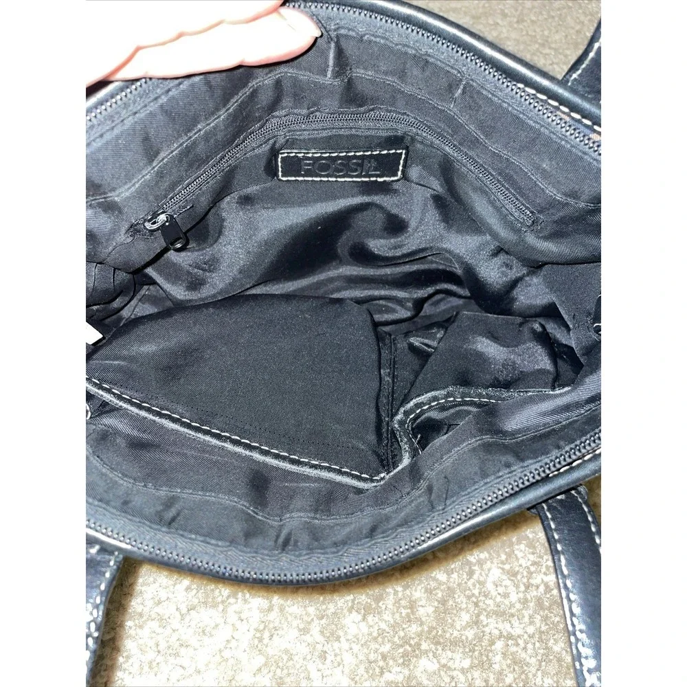 Fossil Signature Monogram Canvas Satchel Handbag Black Brown Leather Trim